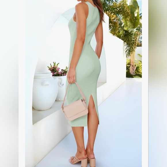 HAEOF Bodycon Viscose Midi Sweater Dress Sage Green Medium - Picture 3 of 4